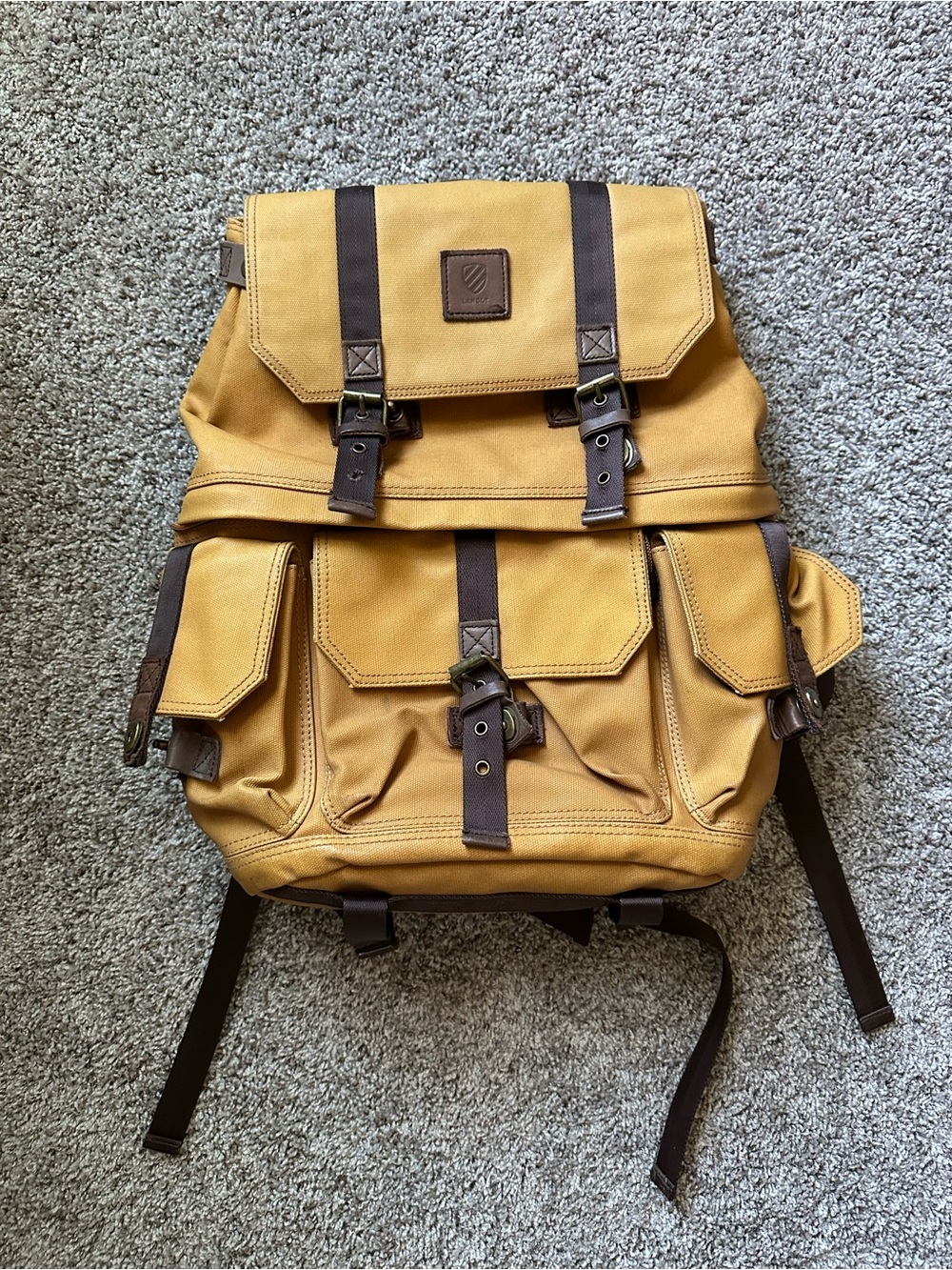 Langley Alpha Camera Backpack Camera Bag Tan Canvas Leather Trim Padded Straps